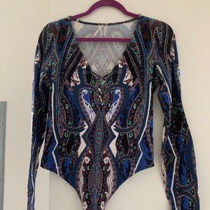 Free People Long Sleeve Printed Bodysuit with crossed front